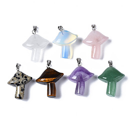 Honeyhandy Natural Mixed Gemstone Pendants, with Stainless Steel Snap On Bails, Mushroom, Stainless Steel Color, 27.5~28.5x23~25x9.5~10.5mm, Hole: 3x5mm