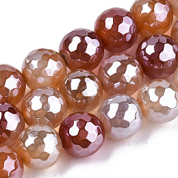 Honeyhandy Electroplate Natural Agate Beads Strands, Dyed, Faceted, Pearl Luster Plated, Round, Dark Salmon, 10.5mm, Hole: 1.2mm, about 36~37pcs/strand, 14.37 inch~14.57 inch(36.5cm~37cm)