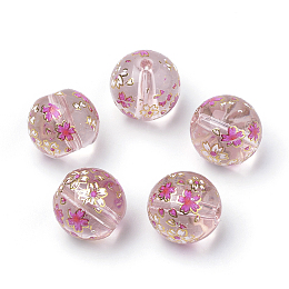 Arricraft Printed Glass Beads, Round with Flower Pattern, Pink, 11~12x11mm, Hole: 1.5mm