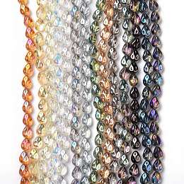 Transparent Electroplate Glass Beads Strands, Rainbow Plated, Teardrop, Mixed Color, 11x9x6.6mm, Hole: 1.1mm, about 55pcs/strand, 24.25 inch(61.6cm)