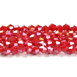 Honeyhandy Opaque Solid Color Electroplate Glass Beads Strands, AB Color Plated, Faceted, Bicone, Red, 4x4mm, Hole: 0.8mm, about 87~98pcs/strand, 12.76~14.61 inch(32.4~37.1cm)