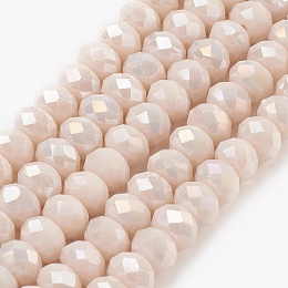 Honeyhandy Electroplate Glass Beads Strands, Imitation Jade Glass, Full Rainbow Plated, Faceted, Rondelle, Linen, 6x4~5mm, Hole: 0.8~1mm, about 88~92pcs/strand, 15.5 inch~16 inch(39~45cm)