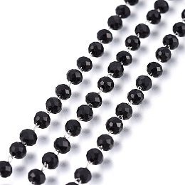 Honeyhandy Handmade Glass Beaded Chains, Soldered, with 304 Stainless Steel Findings, Faceted, Rondelle, Stainless Steel Color, Black, 3.5mm, Bead: 3.5x3mm