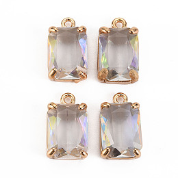 Honeyhandy Transparent Glass Pendants, with Brass Prong Settings, Faceted, Rectangle, Light Gold, Clear AB, 17x10x5.5mm, Hole: 1.6mm