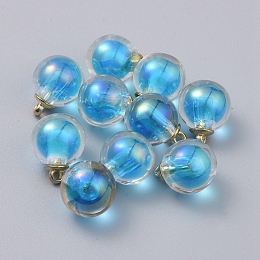 ARRICRAFT AB Color Transparent Acrylic Pendants, Bead in Bead, with CCB Plastic Pendant Bails, Round, Light Gold, Deep Sky Blue, 20x16mm, Hole: 2mm