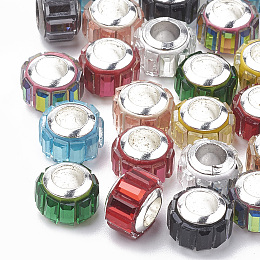 Glass European Beads, Large Hole Beads, with Brass Core, Faceted, Rondelle, Silver Color Plated, Mixed Color, 10~10.5x7mm, Hole: 5mm