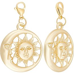 Beebeecraft 1 Box 15Pcs Sun & Moon Pendant Charms 18K Gold Plated Flat Round Pendant Decorates with Lobster Claw Clasps for Jewelry Making