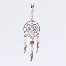 Alloy Pendants, Woven Net/Web with Feather, with Rose Quartz Beads and Brass Lobster Claw Clasps, Antique Silver and Platinum, 85.5mm