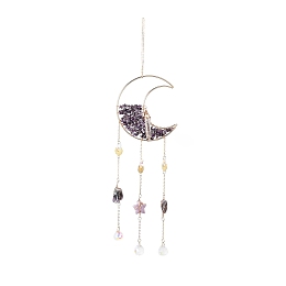 Honeyhandy Natural Amethyst Chips Beaded Moon Hanging Sun Catchers, with Glass Teardrop, with Iron Findings, 495mm