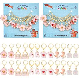 NBEADS 24 Pcs Pink Themed Stitch Markers, Envelope/Heart/Flower/Purse/Pants/T-shirt Alloy Enamel Charms Removable 304 Stainless Steel Hoop Locking Stitch Marker for Sewing Accessories