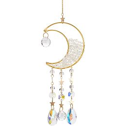 BENECREAT Crescent Moon Crystal Suncatcher with Opalite Beads, Window Hanging Prism Ornaments Crystal Glass Suncatcher for Home Garden Office Decoration, Gold