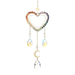 Honeyhandy Wire Wrapped Chakra Gemstone & Brass Pendant Decorations, with Glass Charm, For Home Decorations, Heart, 301mm