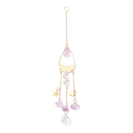 Honeyhandy Hanging Crystal Aurora Wind Chimes, with Prismatic Pendant, Teardrop-shaped Iron Link and Natural Amethyst, for Home Window Lighting Decoration, Golden, 265mm