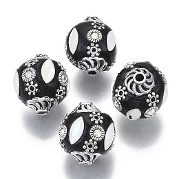 Honeyhandy Handmade Indonesia Beads, with Polymer Clay, Alloy Bead Caps, Alloy Findings and Resin Cabochons, Oval, Antique Silver, Black, 17~18x15~16mm, Hole: 2mm