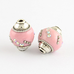 Honeyhandy Handmade Indonesia Beads, with Rhinestones and Alloy Cores, Oval, Antique Silver, Pink, 15~17x14mm, Hole: 2mm