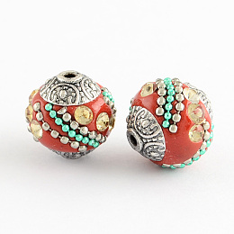 Honeyhandy Handmade Indonesia Beads, with Jonquil Rhinestones and Alloy Cores, Round, Antique Silver, Red, 14~16x14~16mm, Hole: 1.5mm