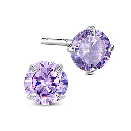 Honeyhandy SHEGRACE Rhodium Plated 925 Sterling Silver Four Pronged Ear Studs, with AAA Cubic Zirconia and Ear Nuts, Lilac, 6mm