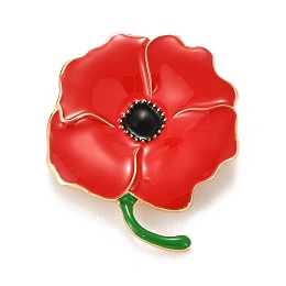 Honeyhandy Alloy Brooches, with Rhinestone and Enamel, Remembrance Poppy Flower Badge, Red, 48x38x9mm