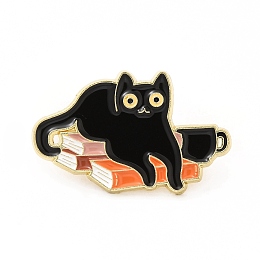 Honeyhandy Cat with Word Enamel Pin, Golden Alloy Brooch for Backpack Clothes, Book, 19x31x1.5mm