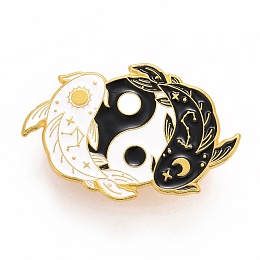 Honeyhandy Double Fish and Great Harmony Enamel Pin, Animal Alloy Badge for Backpack Clothes, Golden, Black, 24.5x36.5x1.7mm, Pin: 1.2mm