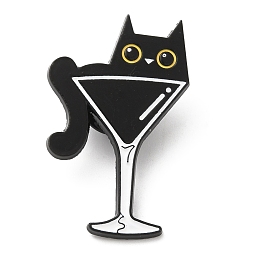 Honeyhandy Alloy Enamel Pins, Cat with Goblet Brooches, Electrophoresis Black, 34.5x21.5x1.5mm