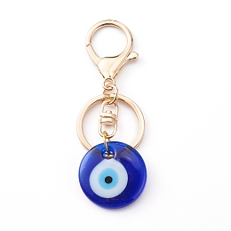 Honeyhandy Handmade Lampwork Evil Eye Keychain, with Alloy Split Key Rings, Flat Round, Blue, Golden, 8.7cm