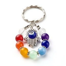 Honeyhandy Tibetan Style Alloy Frame Keychain, with Handmade Evil Eye Lampwork Bead and Natural Mixed Stone, Iron Findings and Tiger Tail Wire, Hamsa Hand & Round & Evil Eye, Blue, 7.7cm