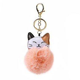 Honeyhandy Imitation Rex Rabbit Fur Ball & PU Leather Cat Pendant Keychain, with Alloy Clasp, for Bag Car Pendant Decoration, Light Salmon, 16cm