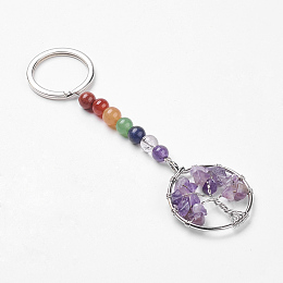 Honeyhandy Gemstone and Natural Amethyst Chakra Keychain, with Iron Key Rings and Brass Pendants, Ring with Tree of Life, Platinum, 110mm