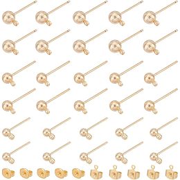 Arricraft 38 Pcs Earring Posts with Loops, 3 Sizes Golden Brass Ball Earring Stud with 40 Pcs Friction Ear Nuts Replacements for Jewelry Earring Making Findings