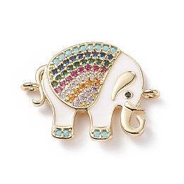 Honeyhandy Brass Micro Pave Colorful Cubic Zirconia Connector Charms, with White Enamel, Cadmium Free & Lead Free, Long-Lasting Plated, Elephant, Real 18K Gold Plated, 18x23x4mm, Hole: 1.6mm