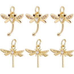 Beebeecraft 12Pcs/Box 2 Style Dragonfly Charms 18K Gold Plated Brass Flying Animal Charms with Clear Cubic Zirconia Insect Animal Pendants for Spring Summer Bracelets Necklace