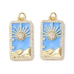 Honeyhandy Rack Plating Brass Micro Pave Clear Cubic Zirconia Pendants, with Enamel, Cadmium Free & Nickel Free & Lead Free, Real 18K Gold Plated, Rectangle with Sun, Light Sky Blue, 27x14x3.5mm, Hole: 3.4mm