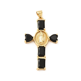 Honeyhandy Rack Plating Brass Pendants, with Glass Cubic Zirconia, Religion Heart Cross with Virgin Mary Charm, Cadmium Free & Lead Free, Long-Lasting Plated, Real 18K Gold Plated, Black, 39x23x4mm, Hole: 5x3mm