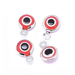 Handmade Evil Eye Lampwork Charms, with Brass Findings, Flat Round, Red, Real Platinum Plated, 10x6.5x3mm, Hole: 1.5mm