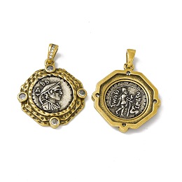 Honeyhandy Rack Plating Brass Micro Pave Clear Cubic Zirconia Pendants, Cadmium Free & Lead Free & Nickle Free, Flat Round with Greece Coin Charm, Antique Silver & Antique Golden, 27.5x24.5x3.5mm, Hole: 4.5x3mm