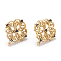 Honeyhandy Brass Stud Earring Findings, with Cubic Zirconia and Loop, Real 18K Gold Plated, Flower, Blue, 13.5x12mm, Hole: 0.8mm, Pin: 0.8mm