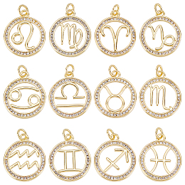 SUNNYCLUE 1 Box 12 Styles Zodiac Charm Rhinestone Zodiac Charms Micro Pave Cubic Zirconia Charms Round Metal Brass Hollow Charm for Jewelry Making Charms Necklaces DIY Necklace Bracelet Earring Crafts