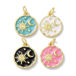 Honeyhandy Rack Plated Brass Enamel Pendants, with Jump Ring, Long-Lasting Plated, Lead Free & Cadmium Free, Real 18K Gold Plated, Flat Round with Sun & Moon Charm, Mixed Color, 15x13x2mm, Hole: 3.4mm