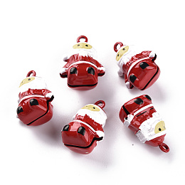 Honeyhandy Christmas Baking Painted Brass Bell Pendants, Father Christmas, Red, 23.5x17.5x13.5mm, Hole: 2mm