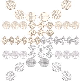 SUNNYCLUE 1 Box 48Pcs 4 Styles Round Connector Charms Brass Flat Filigree Tree of Life Heart Star Arrow Hollow Metal Connectors for Necklaces Earrings DIY Crafts Making Supplies, Golden Silver