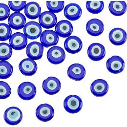 NBEADS About 33 Pcs Glass Evil Eye Beads, 12mm Blue Handmade Lampwork Beads Flat Round Evil Eye Charms Turkish Evil Eye Spacer Beads for Jewelry Necklace Bracelet Earrings