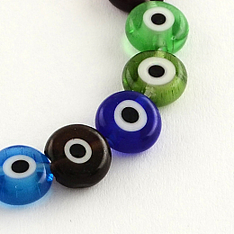 Honeyhandy Flat Round Handmade Evil Eye Lampwork Beads, Mixed Color, 7~8x3.5mm, Hole: 1mm, about 48pcs/strand, 14.1 inch