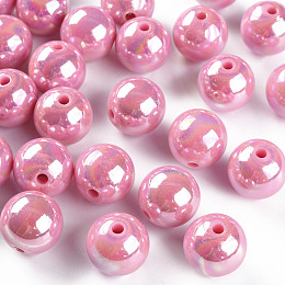 Honeyhandy Opaque Acrylic Beads, AB Color Plated, Round, Hot Pink, 16x15mm, Hole: 2.8mm, about 220pcs/500g