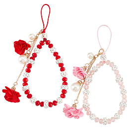 NBEADS 2 Pcs Beaded Phone Charm, Lanyard Wrist Strap Mobile Phone Chain Crystal Flower Phone Hanging String for Phone Car Key Purse Decoration, Valentine's Day Gifts