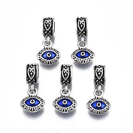 Honeyhandy Alloy Enamel European Dangle Charms, Evil Eye, Large Hole Pendants, Antique Silver, Blue, 23.5mm, Hole: 5mm