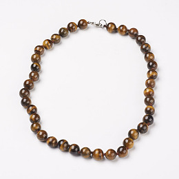 Honeyhandy Natural Tiger Eye Beads Necklaces, with Brass Lobster Claw Clasps, Round, 17.7 inch(45cm) long, beads: 10mm