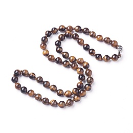 Honeyhandy Natural Tiger Eye Beaded Necklaces, with Stainless Steel Clasps, 17.91 inch~18.5 inch(45.5cm~47cm), beads: 6~6.5mm