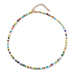 Honeyhandy Rainbow Round Opaque Colours Glass Seed Beaded Necklaces, with Alloy Lobster Claw Clasps, Golden, Colorful, 15.07 inch(38.5cm)