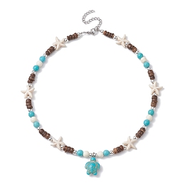 Honeyhandy Synthetic Turquoise Tortoise Pendant Necklaces, with Starfish & Natural Coconut Beaded Chains, Turquoise, 15.35 inch(39cm)